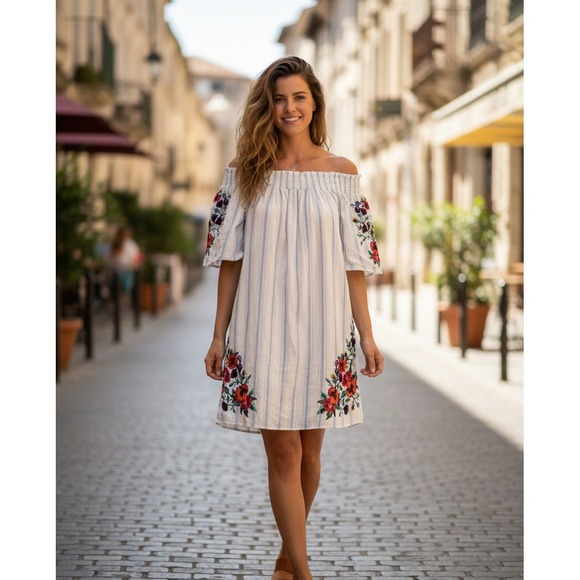 Flowers by Zoe Dresses & Skirts - TRF Collection Women's‎ XS Floral Embroidery Off-The-Shoulder Short-Sleeve Dress